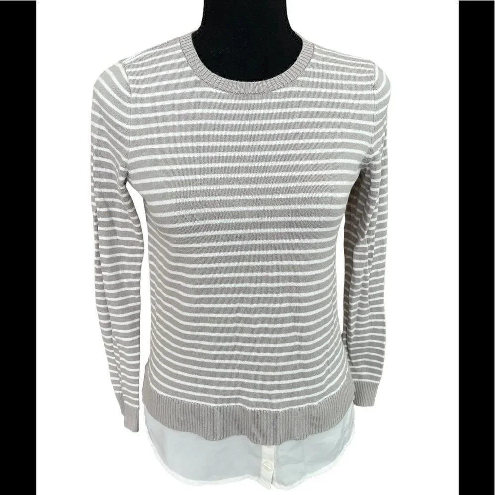 LOFT cotton layered look striped sweater with white shirttail hem , size XSP.